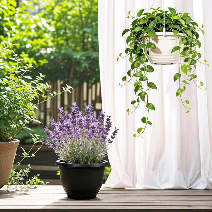 2 Pack 8 Inch Self-Watering Hanging Planters, Dual-Use Plastic Flower Pots with Water Storage and Drainage, Indoor Outdoor Plant Containers for Herbs, Spider Plants, Pothos