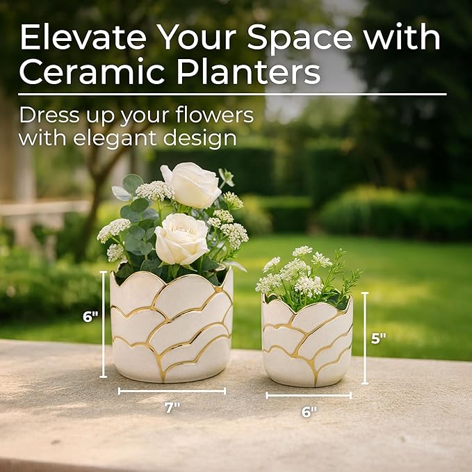 Modern Decorative Home Decor Planters for Flower Pots - Ideal for Indoor and Outdoor Plants for House Decor - Plant Pots for Garden Accent or Plant Stand Indoor - Set of 2, 7", 5", Ivory & Gold