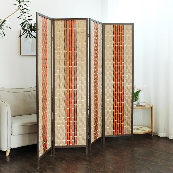 Furnnylane 4 Panel Rattan Room Divider, 5.9 ft Tall Double-Sided Blackout Folding Privacy Screen for Room Separation, with Beige and Orange Panels for Home & Office (70.9" H x 70.9" W)