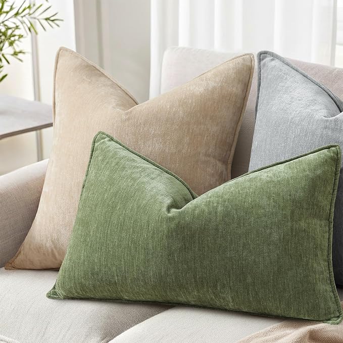 decorUhome Summer Couch Throw Pillow Covers 12x20 Set of 2, Decorative Soft Velvet Modern Cozy Chenille Lumbar Pillow Cases with Elegant Design for Sofa Bed Living Room Home Decor, Olive Green
