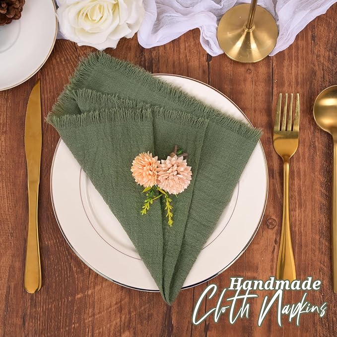 12 Pack Olive Green Cloth Napkins Cotton Linen Napkins with Fringe 16 x 16 Inch Soft Handmade Napkins Cloths Delicate Washable Rustic Dinner Napkin Cloths for Wedding Party Dinner Table Decor