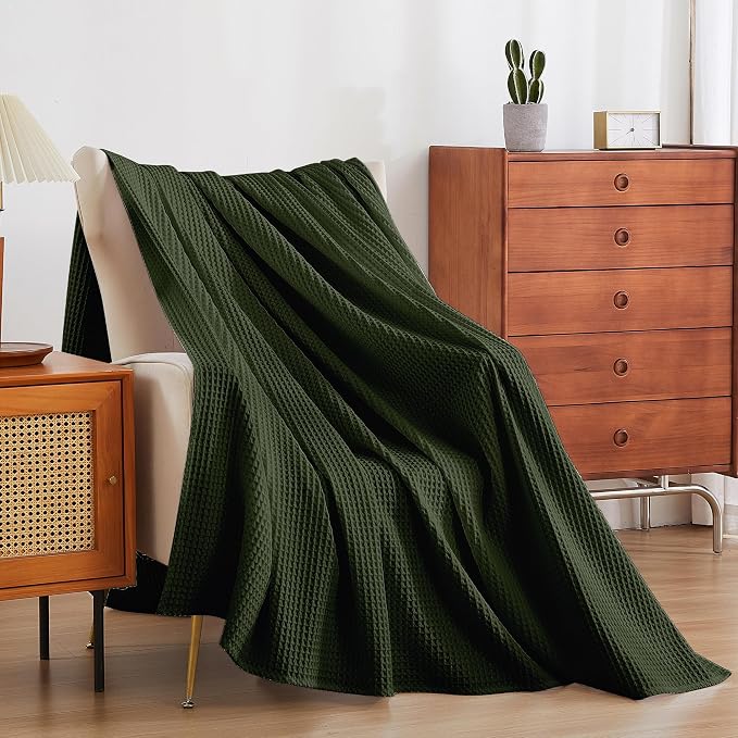 100% Egyptian Cotton Waffle Weave Throw Blanket for Bed Couch Sofa Home Decor, Soft Lightweight Bed & Couch Blanket for All Seasons (Olive Green - Full Size - 84 * 90")