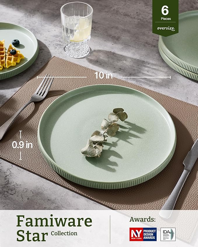 famiware Star Dinner Plates for 6, 10 inches Plate Set, Scratch Resistant, Stoneware Dinnerware, Kitchen Modern Rustic Serving Dishes, Matte Green