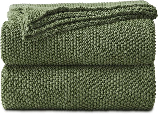 Longhui bedding Olive Green Cotton Cable Knit Throw Blanket for Couch Sofa Bed, Home Decorative Lightweight Knitted Blankets with Bonus Laundering Bag, 60“ x 80”, Machine Washable