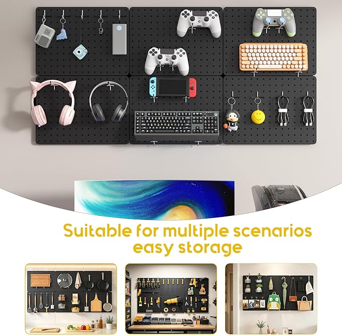 Peg Board for Tools, 6 Pack Metal Pegboard Wall Organizer with Hooks,16"×12" Black Pegboard Panels for Walls Home, Garage Tool Storage, Kitchen, Office Organization, Craft Room