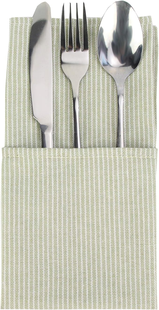 Narrow Striped Cotton Linen Blended Dinner Cloth Napkins - Set of 12 (40 x 30 cm) - for Events & Home Use (Green)