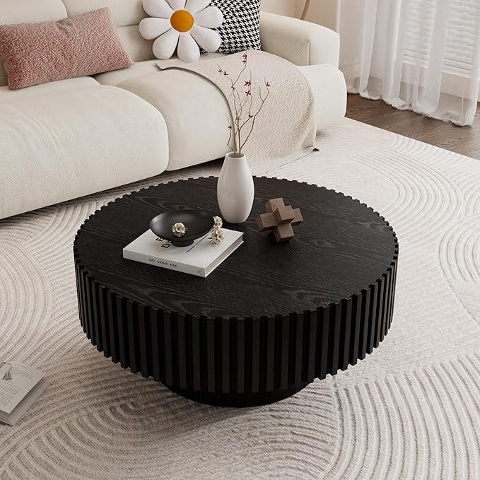 31.49" Round Coffee Table Wood, Modern Circle Drum Fluted Coffee Table for Living Room, Contemporary Low Center Tea Table Side Table for Small Apartment, Farmhouse, Office, Mesa De Cafe, Black