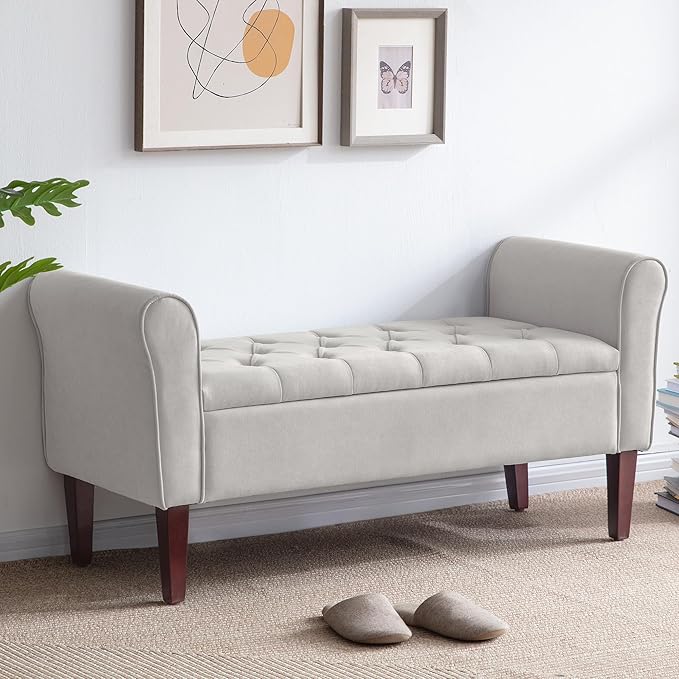 HUIMO 48" Arm Storage Ottoman with 7.5-inch Solid Wood Legs, Storage Bench, Upholstered Window Sitting Bench for Bedroom,End of Bed Bench Indoor, Livingroom, Entryway,Light Grey