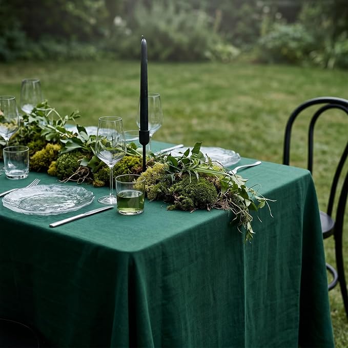 Solino Home Linen Tablecloth for Rectangle Tables 60 x 90 Inch - 100% Pure Linen Rainforest Green Table Cloth - Fete, Machine Washable Cloth Tablecloth