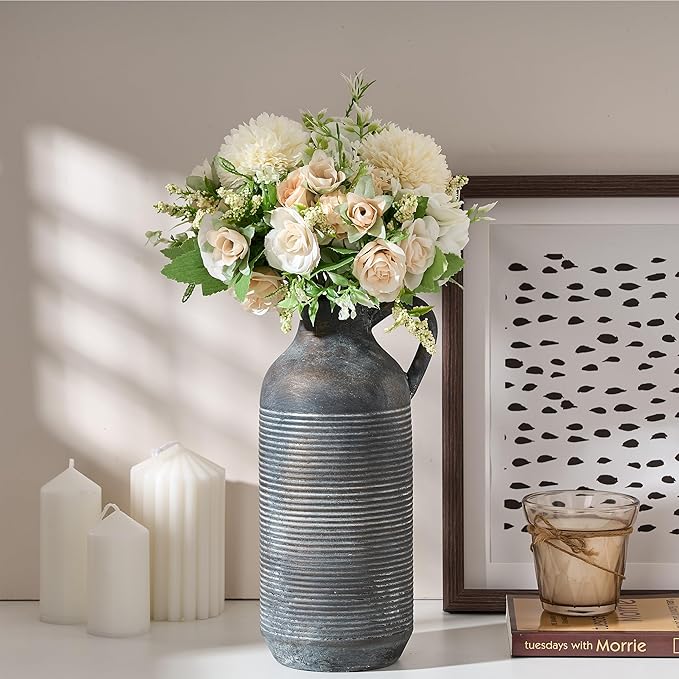 PORCER Ceramic Rustic Vase for Home Decor, Terracotta Vase with Handle, Handcrafted Vintage Decorative Flower Vase for Farmhouse, Living Room, Table, Fireplace, Nightstand - Black Bronze