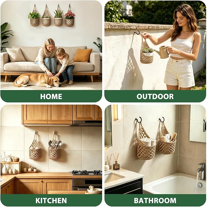 4 PCS 5-Inch Macrame Wall Plant Hangers, Small Wall Hanging Plant Holder with Hooks, Natural Cotton Rope Hanger for Indoor Plants & Daily Storage, Boho Home Decor