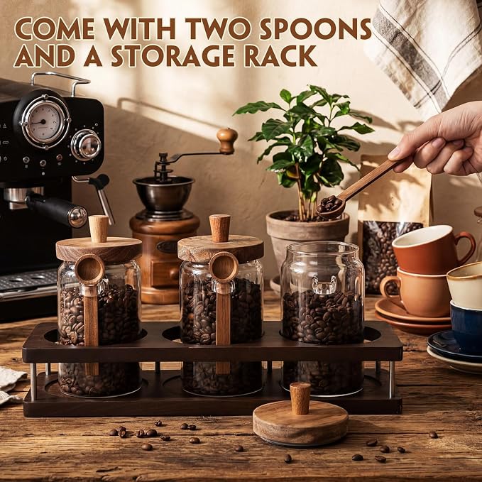 Suclain 3 Pcs Glass Coffee Bean Container 29 oz Airtight Coffee Canister with Shelf and Measuring Spoon Kitchen Food Canister Jar for Sugar Candy (Retro Style, Wood, Glass, Stainless Steel)
