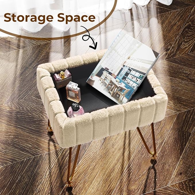 Greenstell Vanity Stool Chair Faux Fur with Storage, 15.7"L x 11.8"W x 19.4"H Soft Ottoman 4 Metal Legs with Anti-Slip Feet, Furry Padded Seat, Modern Multifunctional Chairs for Makeup, Bedroom,Camel