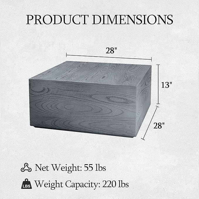 UPHA 28" Square Outdoor Coffee Table, Modern Hollow Concrete Patio Table, Small Minimalist Low Accent Table for Living Room, Balcony, Deck, Backyard, Gray Wood Finish