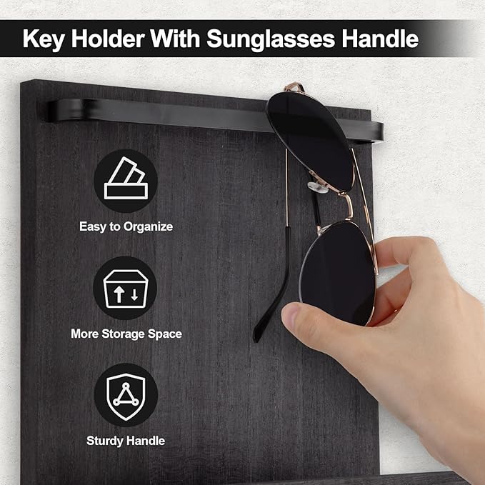 Key Holder Wall Mount, Key Holder for Wall with 4 Hooks, Farmhouse Key Hanger Holds Dog Leash, Sunglasses – Decorative Mail Organizer Home Decor (Black)