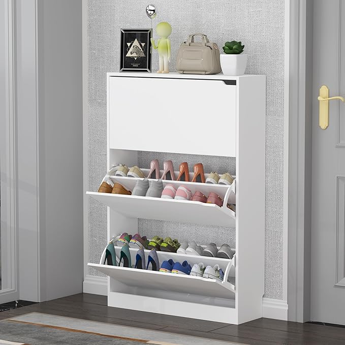 Wodeer Shoe Storage Cabinet with 3 Flip Drawers, Slim Hidden Wood Shoe Cabinet Storage for Entryway, Freestanding Narrow Shoe Rack Organizer with Adjustable Shelves for Foyer, Hallway, White