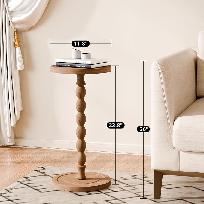 Small Side Table, Rubberwood‌ Drink Table for Small Spaces, Solid Wood Pedestal Coffee Tables, Round End Tables for Living Room, Sofa Couch, Bedroom, Corners, and Office (Brown, 11.81 inch)