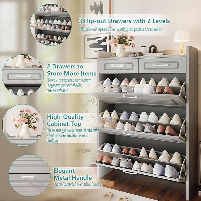 Shoe Cabinet with 3 Large Flip Drawers and 2 Storage Drawers, Narrow Shoe Organizer Cabinet Fits for Kinds of Shoes, Slim Shoe Storage Cabinet for Entryway, Hallway, Light Grey