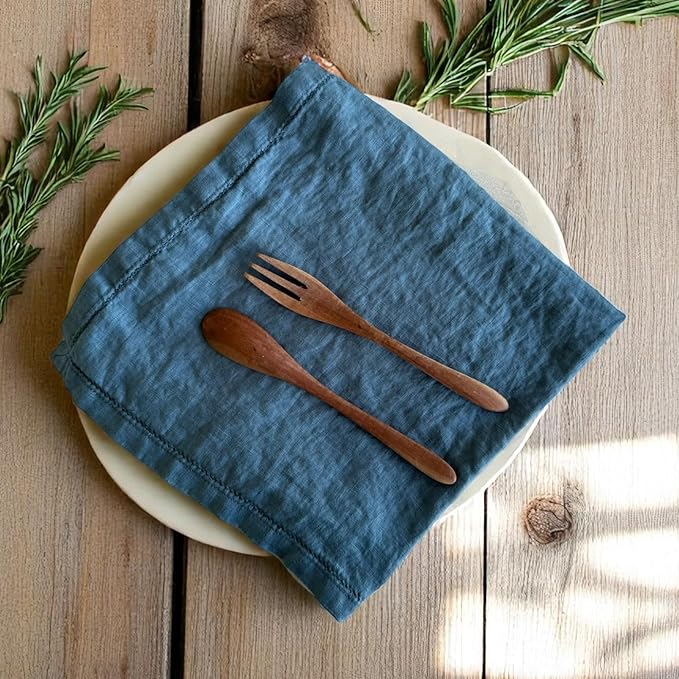 Hemstitched Linen Napkins – 20 Inch x 20 Inch – Stonewashed Pure Linen Cloth Dinner Napkins with Mitered Corners - 100% French Flax – Machine Washable - Set of 4 (Soft Teal Blue)