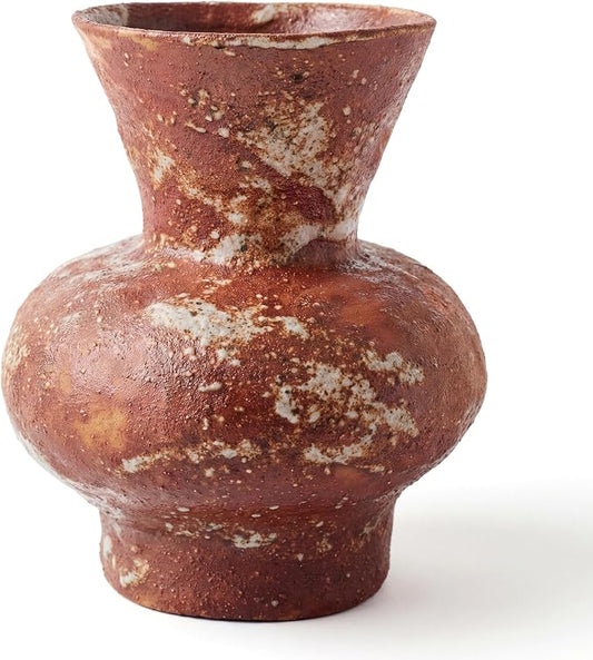 Rustic Ceramic Flower Vase for Home Decor, Handmade Vintage Stoneware Clay Pottery Terracotta Textured for Modern Farmhouse, Living Room, Office Desk Table Shelf, Light Brown and White, 5.8 IN