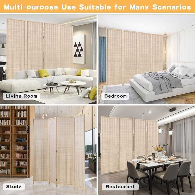 6ft Bamboo Room Divider Folding Privacy Screen 4 Foldable Panels Partition Wall Divider Freestanding Room Dividers Home Portable Partition Screen for Bedroom, Natural