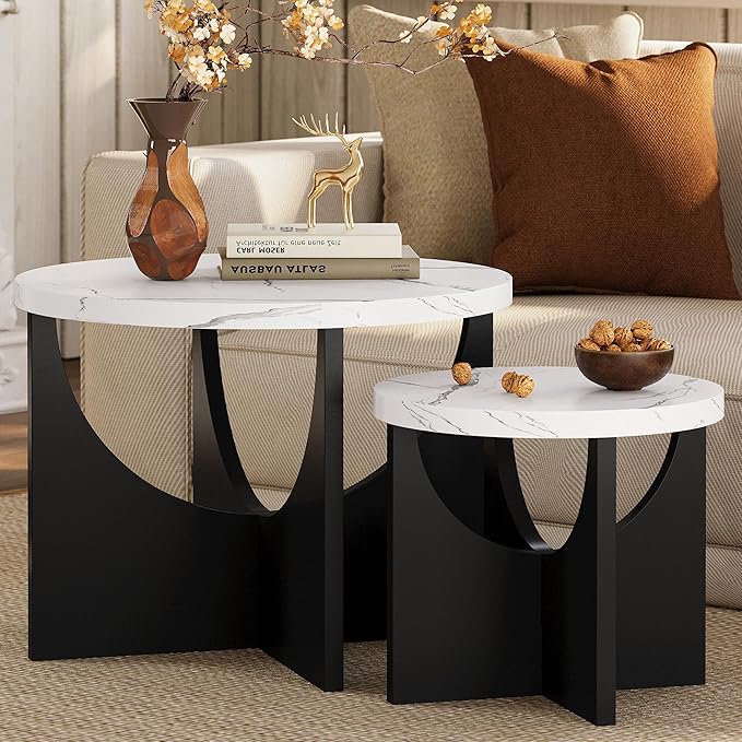 LIKIMIO Nesting Coffee Tables Set of 2, 23.6" Small Round Side Tables for Living Room, Wooden End Table, Marble