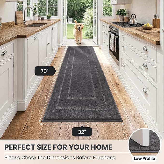 PURRUGS Dirt Trapping Door Mat 32" x 70", Non-Slip/Skid Machine Washable Entryway Rug, Dog Doormat, Super Absorbent Welcome Mat for Muddy Wet Shoes and Paws, Grey