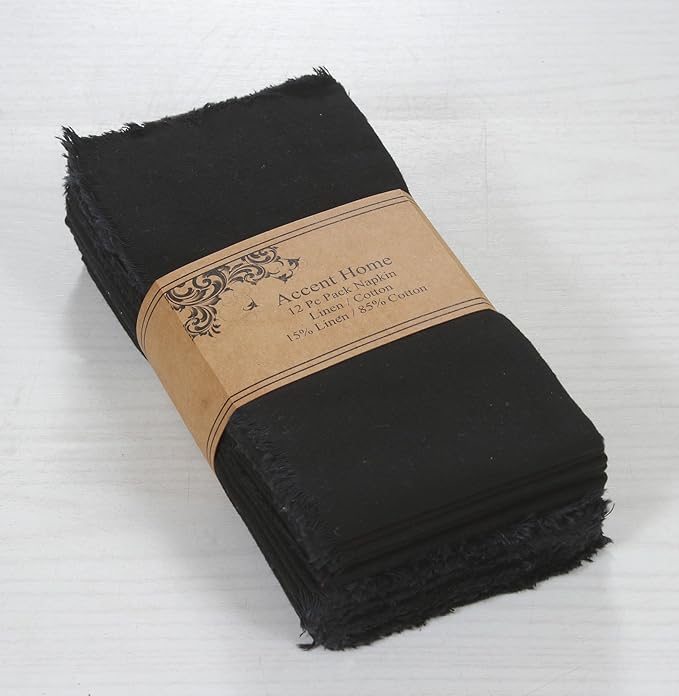 ACCENTHOME Black Cotton Linen Napkin Set of 12 18x18 inch Dinner Napkins - Washable Soft Premium Hotel Quality Reusable Hemmed Edges Napkins Perfect Table Linens for Family Dinners, Weddings