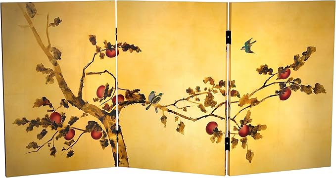 Red Lantern 2 ft. Short Double Sided Plum Tree Canvas Folding Screen 3 Panel Freestanding Partition and Separator for Modern and Contemporary Bedroom, Home Office, Studio, Dorm, Apartment
