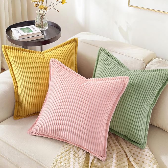 decorUhome Summer Corduroy Pink Euro Sham Throw Pillow Covers 22x22 Set of 2 Decorative Soft Boho Farmhouse Couch Pillow Covers for Living Room Bed Sofa Broadside Striped Pillow Cases