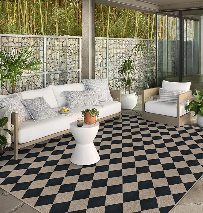Rugalia Easy Jute Black Checkered 8x10 Area Rug, Washable Modern Outdoor Rug for Patio Non-Slip Diamond Rugs for Living Room, Neutral Farmhouse Floor Carpet for Bedroom Dining Room Classroom