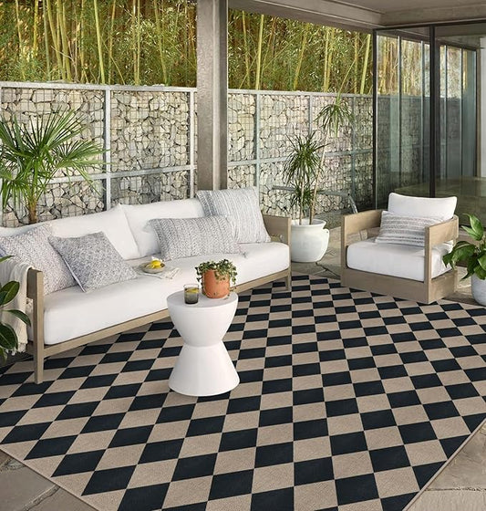 Rugalia Easy Jute Black Checkered 8x10 Area Rug, Washable Modern Outdoor Rug for Patio Non-Slip Diamond Rugs for Living Room, Neutral Farmhouse Floor Carpet for Bedroom Dining Room Classroom