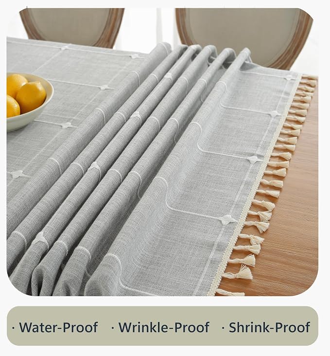 Alsoo Gray Plaid Tablecloth Rectangle 55 x 75 Inch, Boho Waterproof Washable Wipeable Table Cloth Cotton Linen Heavy Duty Fabric for Kitchen Dining Party Christmas