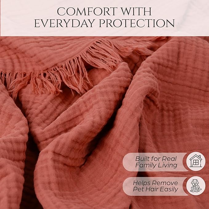 Washable Sofa Cover %100 Pure Cotton, Terracotta Couch Covers for Loveseat, Futon, Sofa, Sectional L Shape, U Shape, 4 Layered Natural Muslin Cloud Like Couch Cover (Terracotta, 70x118"/177x300cm)
