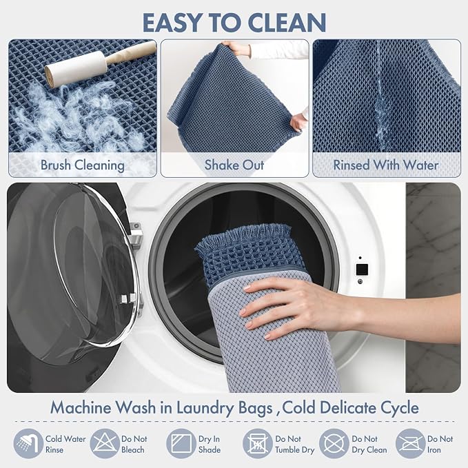 MIULEE Waffle Bathroom Runner Rugs, Super Absorbent Non Slip Bath Rug, Upgraded Soft Quick Dry Washable Boho Long Bath Mat with Tassels for Hallway Laundry Room Bedroom, 17"x48", Blue