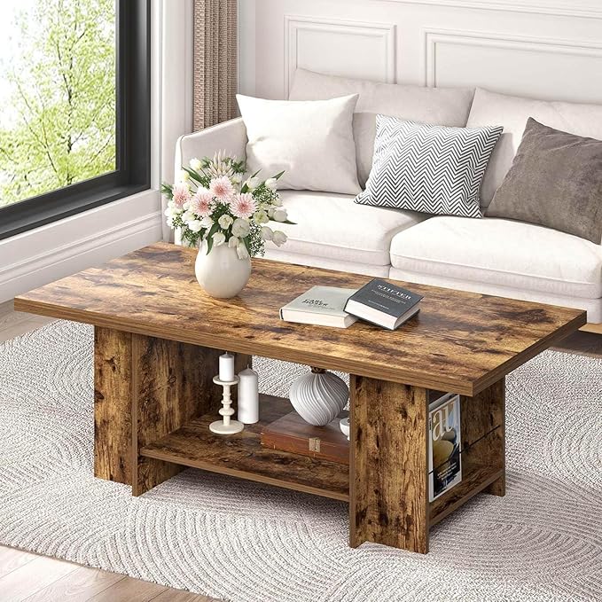 FOLUBAN Rustic Brown Coffee Table for Living Room, 2 Tier Low Center Table with Storage, Rectangle Cocktail Tea Table with Bottom Shelf & Side Shelves, 47 Inch
