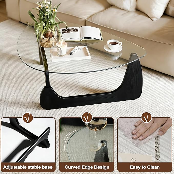 Morden Glass Coffee Table, Oval Center Table with Tempered Glass Top for Living Room, Small Spaces, Apartment, Office