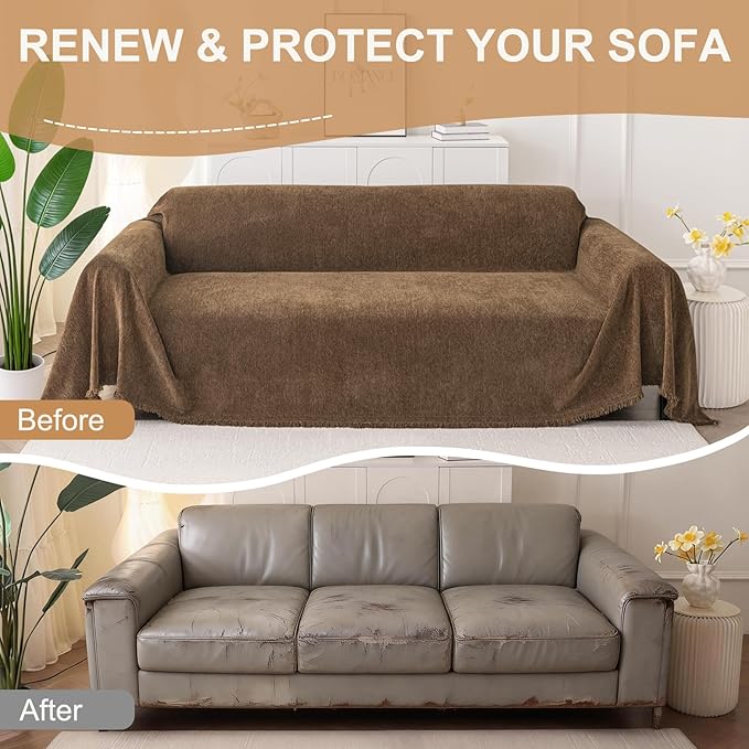 Smiry Couch Cover for Dogs, Washable Chenille Sofa Covers for 3 Cushion Couch, Soft Sofa Slipcover for Pets, Thick Sectional Furniture Protector with Tassels (Chocolate, 71x102 Inch)