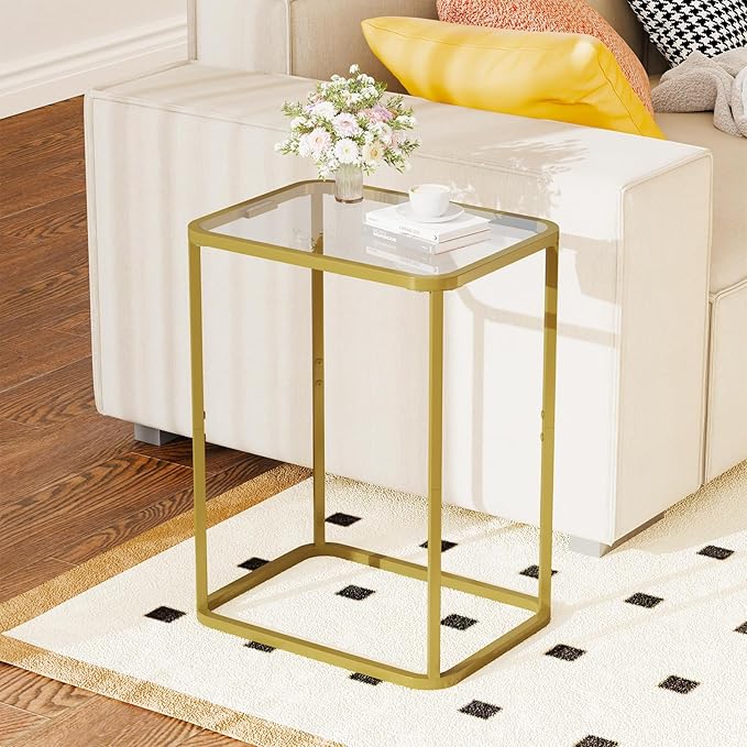 Garden 4 you Glass Side Table, Rectangle End Table with Metal Frame, Modern Bedside Table for Office, Bedroom, Living Room, Study, Small Spaces, Easy Assembly, 15.75 * 11.81 * 20.87 Inches, Gold