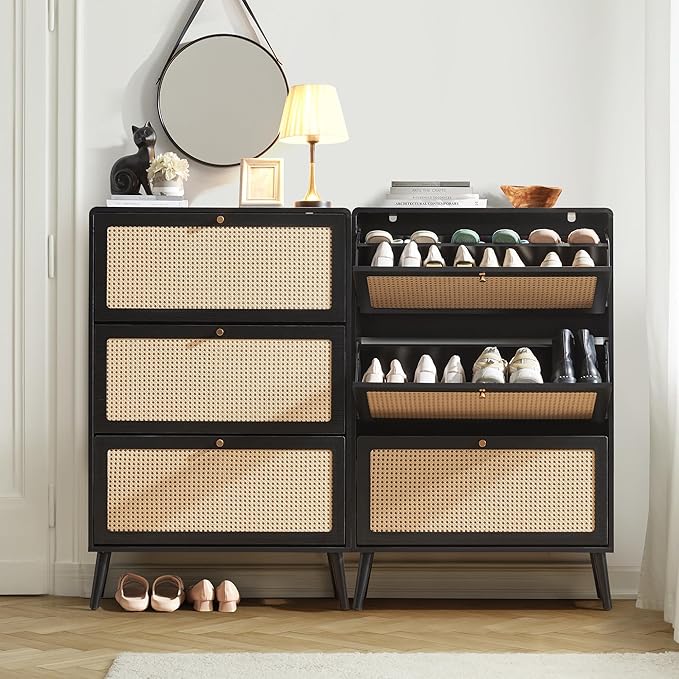 Rattan Shoe Cabinet with 3 Flip Drawers, 48 Pairs Narrow Shoe Storage Cabinet for Entryway Freestanding Hidden Shoe Rack, Modern Slim Wood Shoe Organizer for Hallway, Black