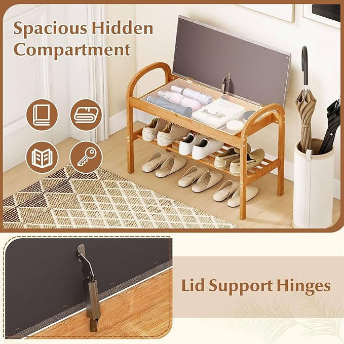 Giantex Shoe Bench with Flip-Top Storage, Bamboo 2-Tier Entryway Bench with Padded Cushion, Shoe Rack Bench for Hallway, Closet, Foyer, Living Room, Bedroom, Mudroom (with Flip-Top Storage)