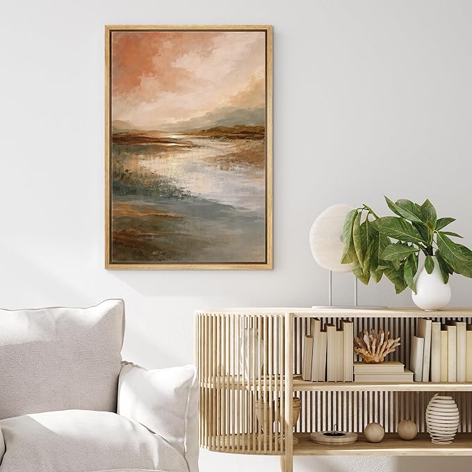 MUDECOR Framed Canvas Print Wall Art Warm Earth Tone Reflective Landscape Illustrations Minimalism Decorative Bohemian Zen for Living Room, Bedroom, Office - 24"x36" NATURAL