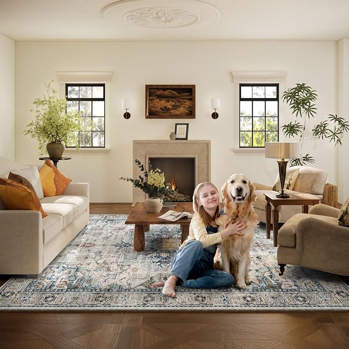 8x10 Area Rugs for Living Room: Washable Bedroom Rug Boho Vintage Rugs Stain Resistant Non Slip Low Pile Soft Lightweight Carpet for Kitchen Dining Room Farmhouse Nursery Kids Room Home Office