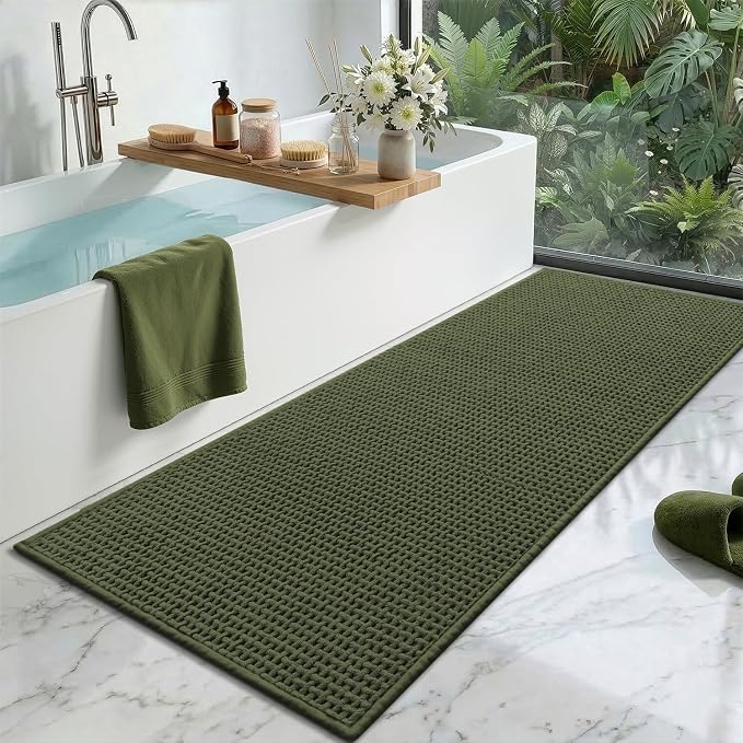 Color&Geometry Rubber Backed Waffle Bath Mat 60x24, Non Slip Water Washable Bathroom Rugs, Soft Absorbent Chenille Boho Carpet for Bathroom Floor, Tub and Shower, Green