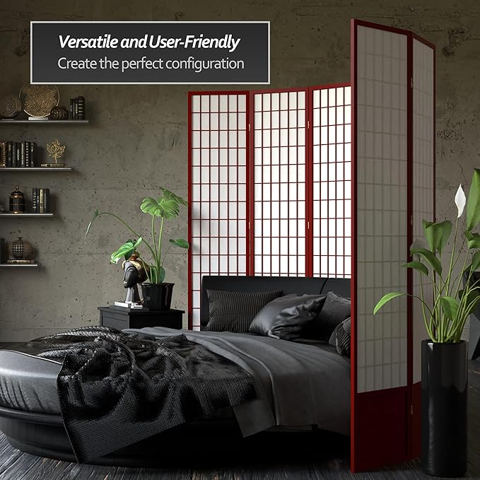 Red Lantern 7 ft. Tall Window Pane Shoji Screen - Rosewood - 6 Panels