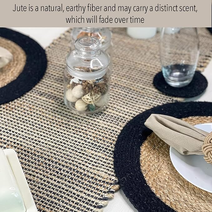 Chardin home Natural Jute Table Runner 13x48 Inch – Vintage Boho Rustic Table Decor – Handwoven Table Runner in Natural Jute and Black – Farmhouse Dining or Console Table Accent