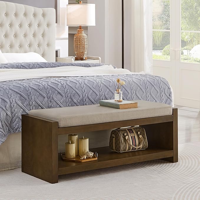 Accent Bench with Lower Shelf Shoe Rack, Padded Seating Bench for Living Room, Modern Compact Bed End Bench with Storage for Bedroom Seating, Removable Cushion (Linen, 47" L)