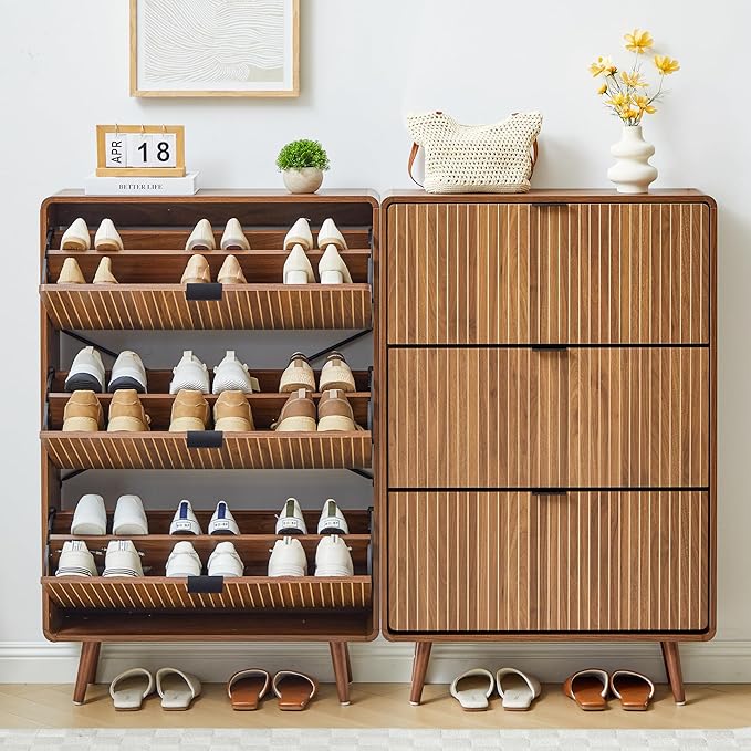 FurSch Narrow Shoe Cabinet Storage for Entryway,Slim Tall Shoe Cabinet with 3 Flip Drawers, Fluted Shoes Rack Organizer (All Walnut, 3 Drawers)