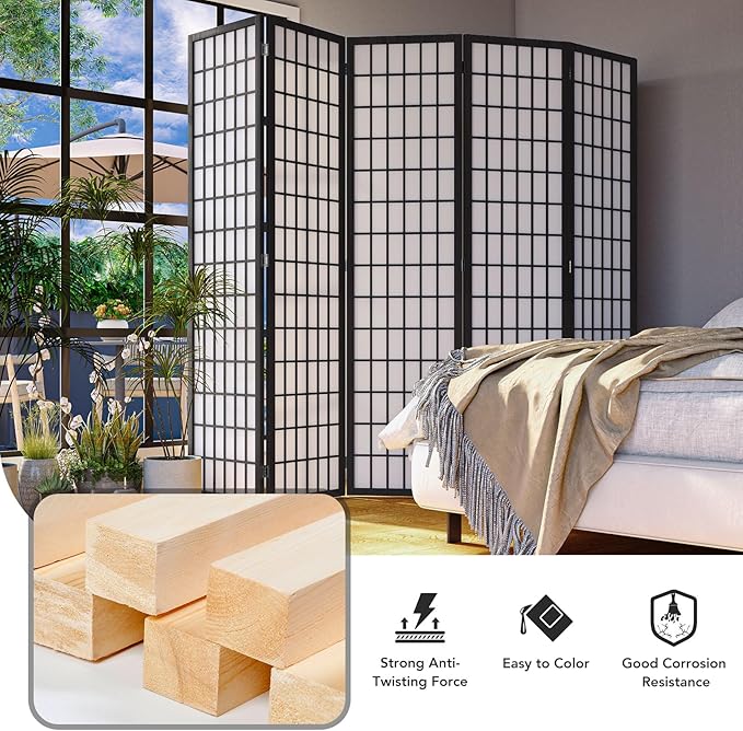 JOSTYLE Room Divider 6 Panel, 6ft Folding Privacy Screen for Room Separation, Shoji Screen Japanese Style Room Divider Wall, Black, 70.9" H x 104" W