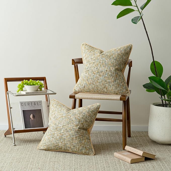 a moment Yellow Reversible Pillow Covers 2 Pack - Farmhouse Chenille Velvet Throw Pillows, Neutral Textured Decorative Throw Pillow Covers with Border for Couch Sofa Bed (24x24 Inch, No Insert)